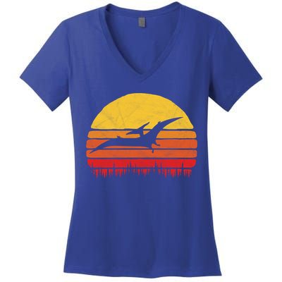 Vintage Pterodactyl Dinosaur Giftgift Retro Sun Women's V-Neck T-Shirt
