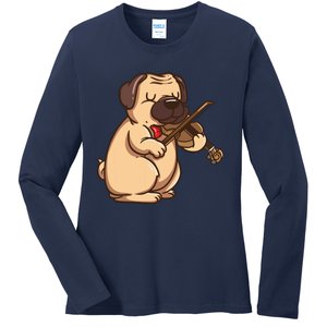 Violinist Pug Dog Violin Viola Player Music Lover Gift Girl Ladies Long Sleeve Shirt