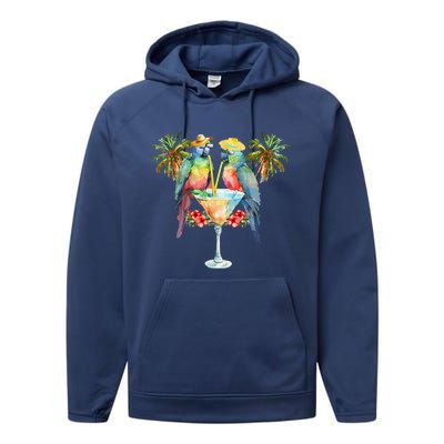 Vintage Parrots Drinking Margarita On Summer Party Bird Performance Fleece Hoodie