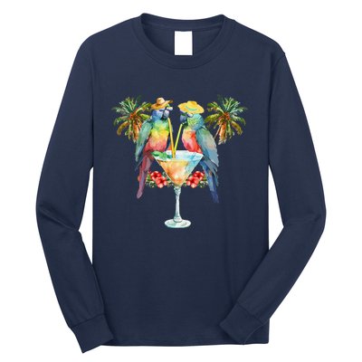 Vintage Parrots Drinking Margarita On Summer Party Bird Long Sleeve Shirt