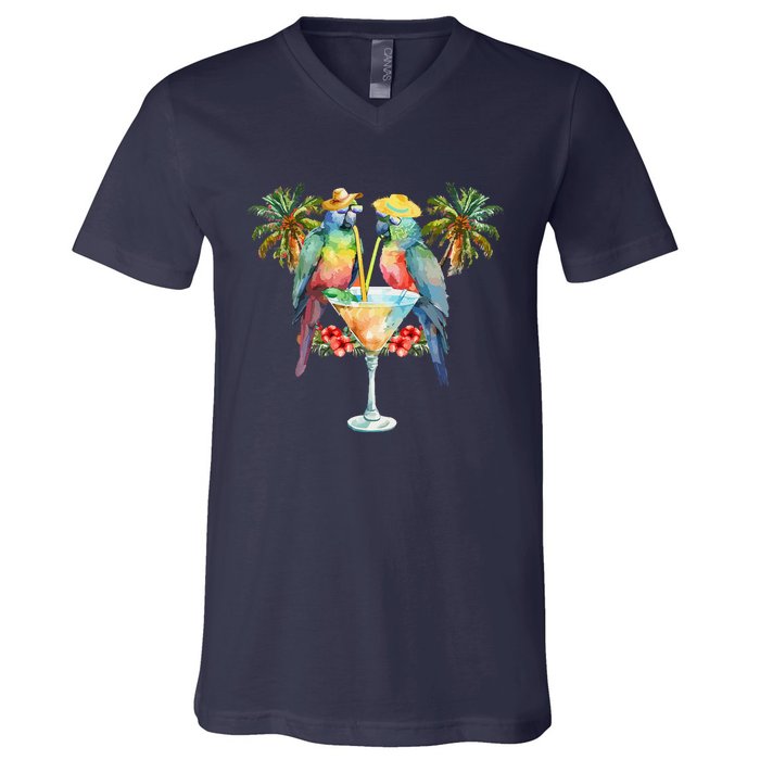 Vintage Parrots Drinking Margarita On Summer Party Bird V-Neck T-Shirt