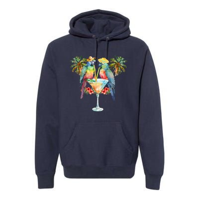 Vintage Parrots Drinking Margarita On Summer Party Bird Premium Hoodie