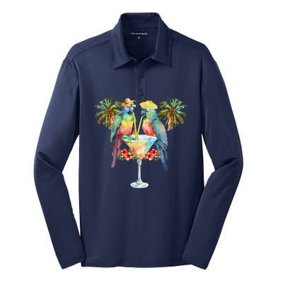 Vintage Parrots Drinking Margarita On Summer Party Bird Silk Touch Performance Long Sleeve Polo