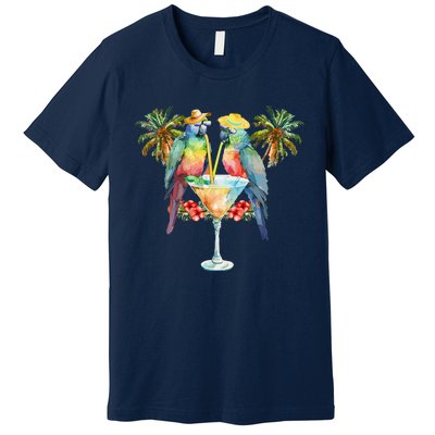 Vintage Parrots Drinking Margarita On Summer Party Bird Premium T-Shirt