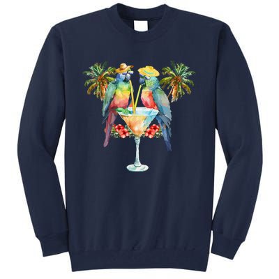 Vintage Parrots Drinking Margarita On Summer Party Bird Tall Sweatshirt