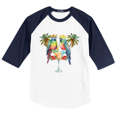 Vintage Parrots Drinking Margarita On Summer Party Bird Baseball Sleeve Shirt