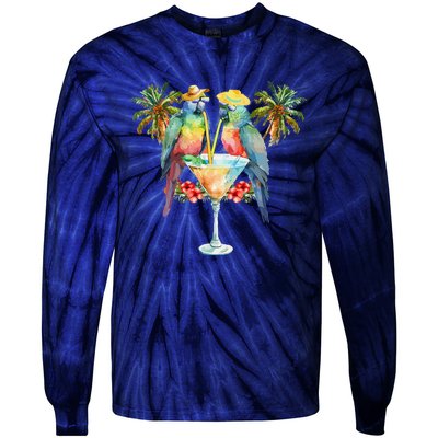 Vintage Parrots Drinking Margarita On Summer Party Bird Tie-Dye Long Sleeve Shirt