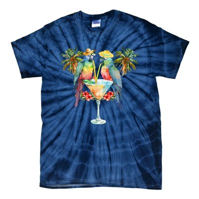 Vintage Parrots Drinking Margarita On Summer Party Bird Tie-Dye T-Shirt