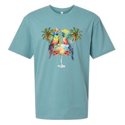 Vintage Parrots Drinking Margarita On Summer Party Bird Sueded Cloud Jersey T-Shirt