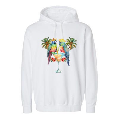 Vintage Parrots Drinking Margarita On Summer Party Bird Garment-Dyed Fleece Hoodie