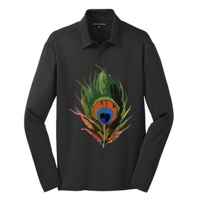 Vintage Peacock Feather Print Silk Touch Performance Long Sleeve Polo