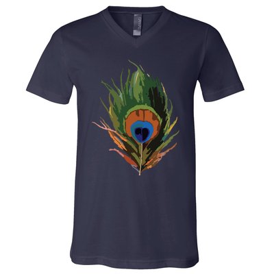 Vintage Peacock Feather Print V-Neck T-Shirt