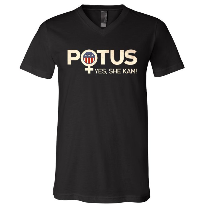 Vintage Potus Female Symbol Yes She Kam Harris For President V-Neck T-Shirt