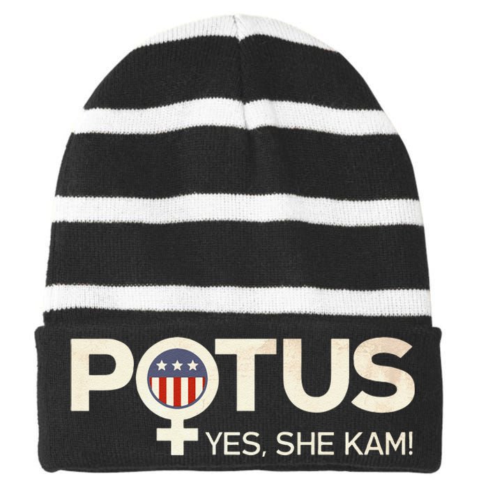 Vintage Potus Female Symbol Yes She Kam Harris For President Sweat Striped Beanie with Solid Band