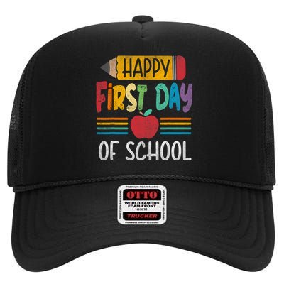 Vintage Pencil Happy First Day Of School Teacher Boy Girl High Crown Mesh Back Trucker Hat