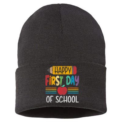 Vintage Pencil Happy First Day Of School Teacher Boy Girl Sustainable Knit Beanie