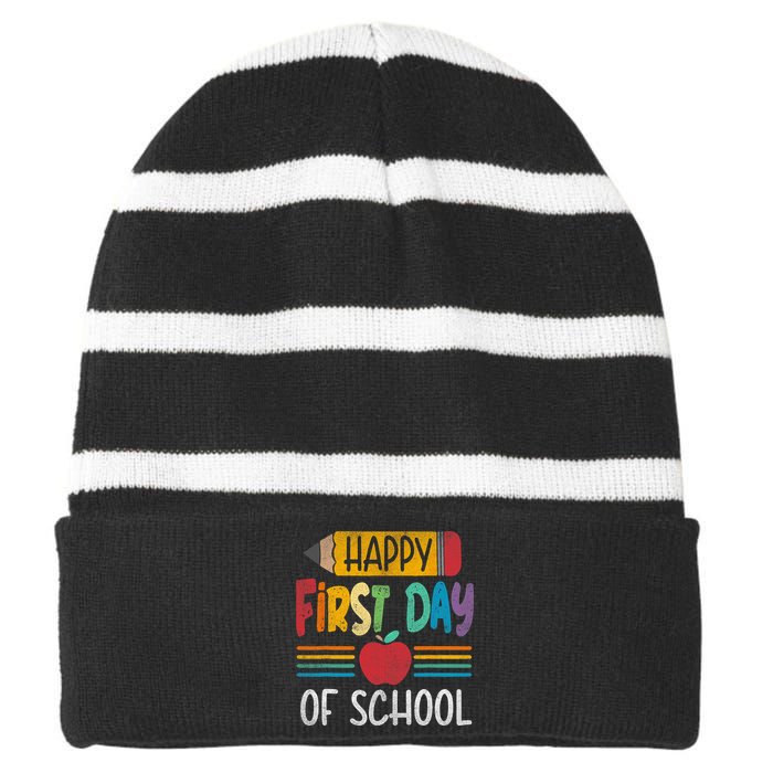 Vintage Pencil Happy First Day Of School Teacher Boy Girl Striped Beanie with Solid Band