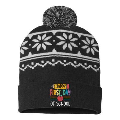 Vintage Pencil Happy First Day Of School Teacher USA-Made Snowflake Beanie