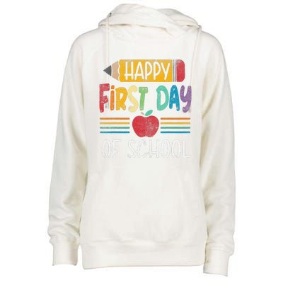 Vintage Pencil Happy First Day Of School Teacher Womens Funnel Neck Pullover Hood