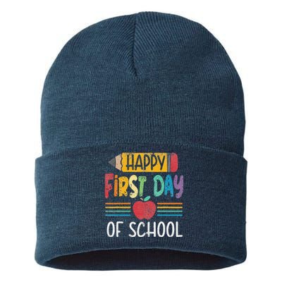 Vintage Pencil Happy First Day Of School Teacher Sustainable Knit Beanie