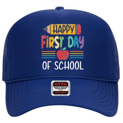 Vintage Pencil Happy First Day Of School Teacher High Crown Mesh Back Trucker Hat