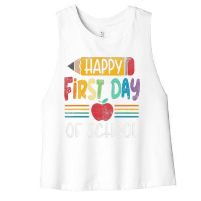 Vintage Pencil Happy First Day Of School Teacher Women's Racerback Cropped Tank