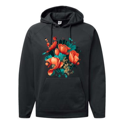 Vintage Poppy Inspired Flower Plant Lover Funny Gardening Performance Fleece Hoodie