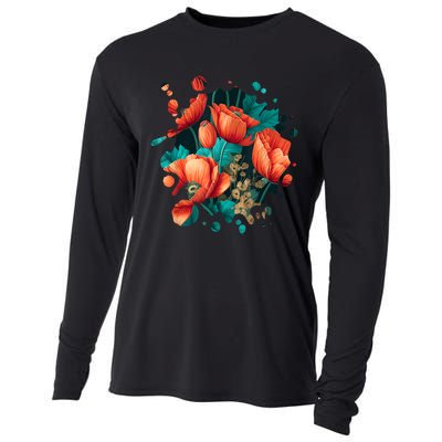 Vintage Poppy Inspired Flower Plant Lover Funny Gardening Cooling Performance Long Sleeve Crew