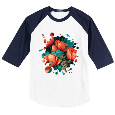 Vintage Poppy Inspired Flower Plant Lover Funny Gardening Baseball Sleeve Shirt