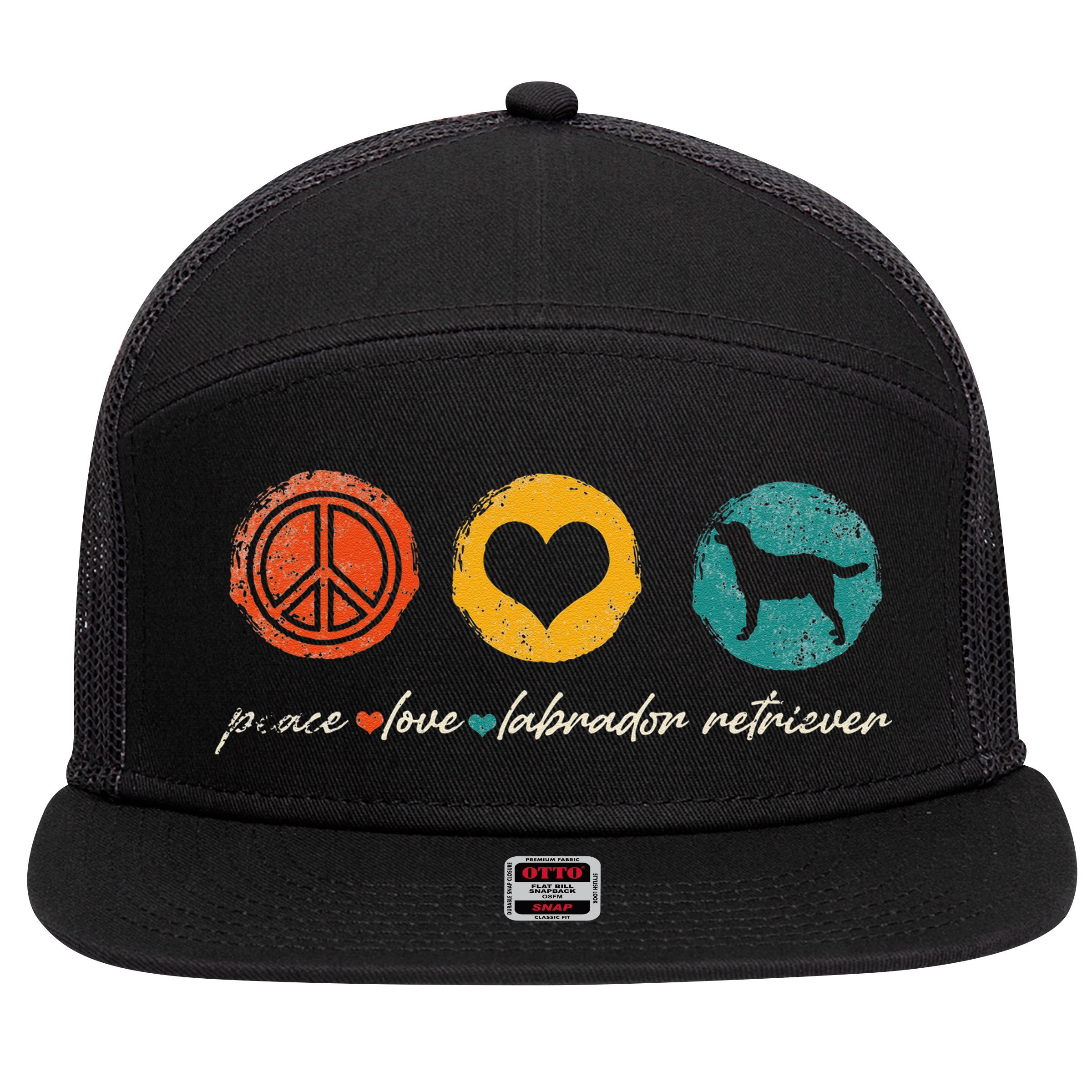 Vintage Peace Love Labrador Retriever Dog Lover Gifts 7 Panel Mesh Trucker Snapback Hat