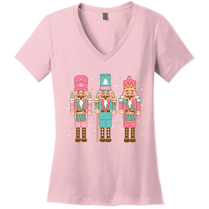 Vintage Pink Nutcracker Squad Women Girl Kids Pink Christmas Women's V-Neck T-Shirt