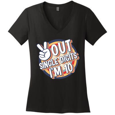 Vintage Peace Out Single Digits I'm 10 Birthday Bday Women's V-Neck T-Shirt