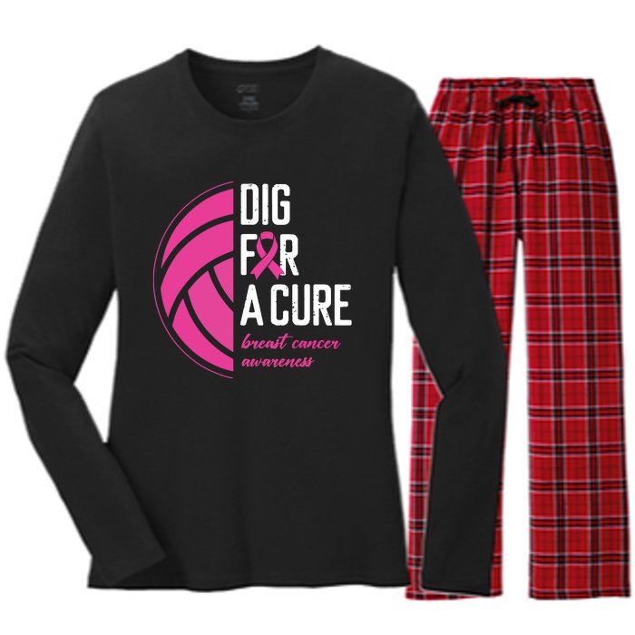 Volleyball Pink Out Dig For A Cure Breast Cancer Awareness Women's Long Sleeve Flannel Pajama Set 