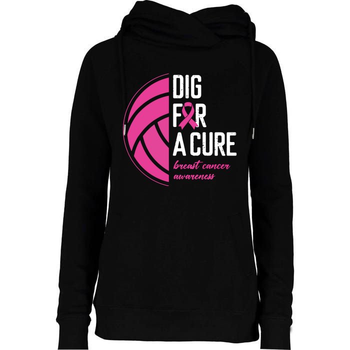 Volleyball Pink Out Dig For A Cure Breast Cancer Awareness Womens Funnel Neck Pullover Hood