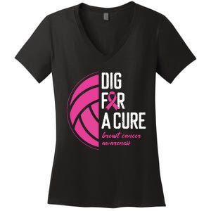 Volleyball Pink Out Dig For A Cure Breast Cancer Awareness Women's V-Neck T-Shirt