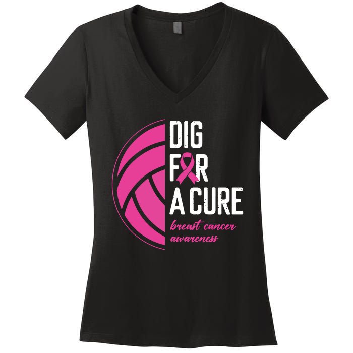 Volleyball Pink Out Dig For A Cure Breast Cancer Awareness Women's V-Neck T-Shirt