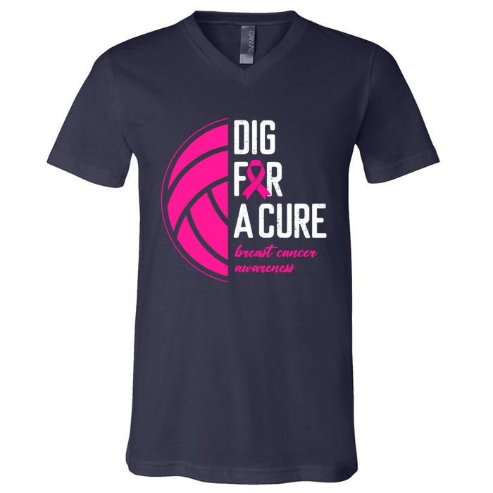 Volleyball Pink Out Dig For A Cure Breast Cancer Awareness V-Neck T-Shirt