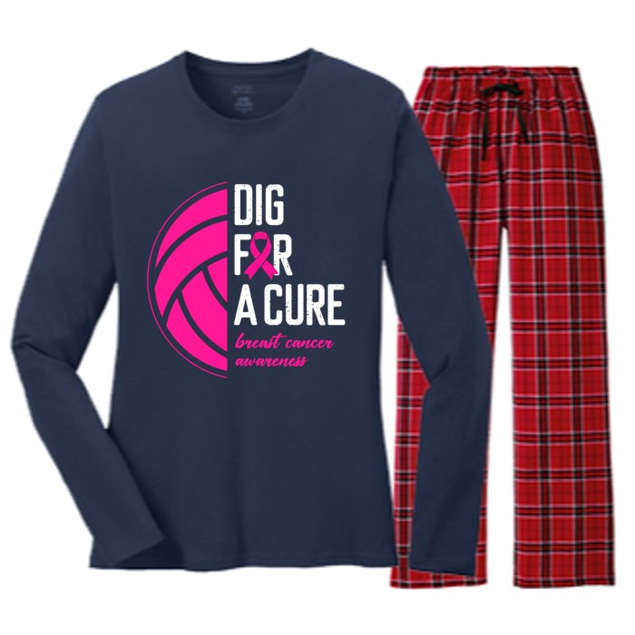 Volleyball Pink Out Dig For A Cure Breast Cancer Awareness Women's Long Sleeve Flannel Pajama Set 