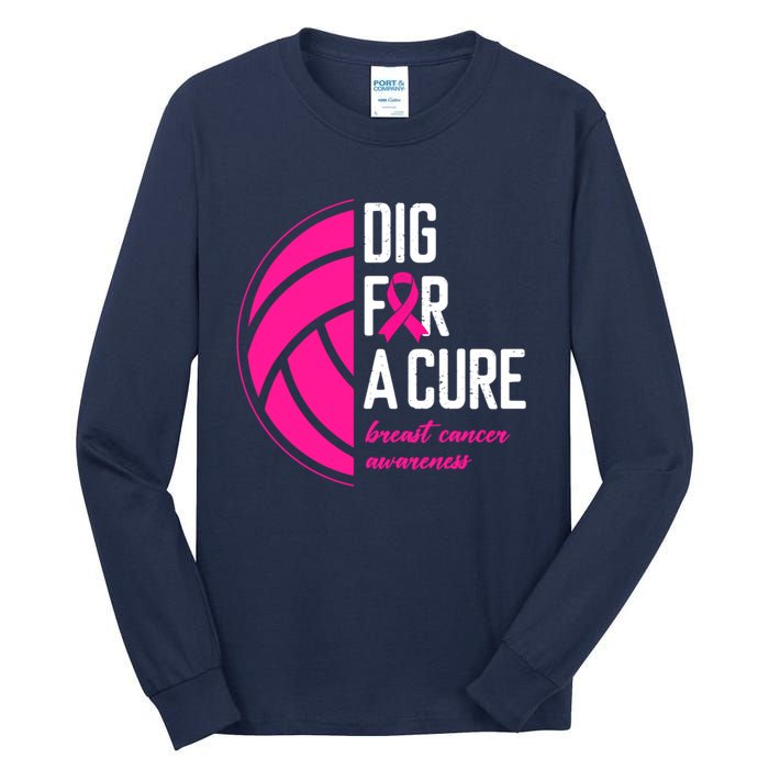 Volleyball Pink Out Dig For A Cure Breast Cancer Awareness Tall Long Sleeve T-Shirt