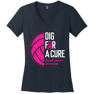 Volleyball Pink Out Dig For A Cure Breast Cancer Awareness Women's V-Neck T-Shirt