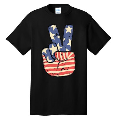 Vintage Patriotic Peace Hand Sign 4th Of July American Flag Tall T-Shirt