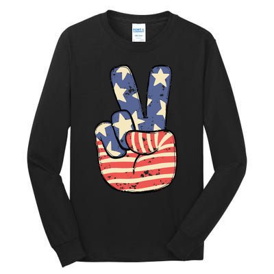 Vintage Patriotic Peace Hand Sign 4th Of July American Flag Tall Long Sleeve T-Shirt