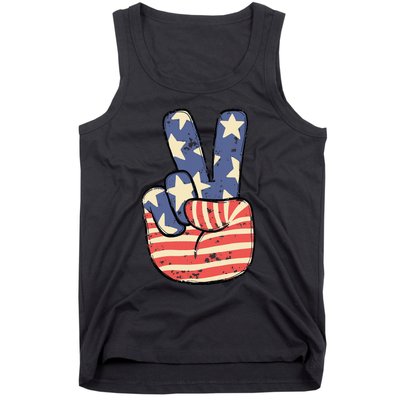 Vintage Patriotic Peace Hand Sign 4th Of July American Flag Tank Top