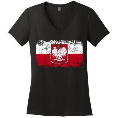 Vintage Polish Poland Polska Flag Distressed Women's V-Neck T-Shirt