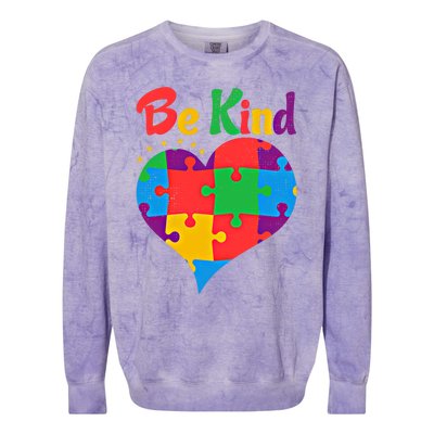 Vintage Puzzle Pieces Autism Heart Be Kind Autism Awareness Great Gift Colorblast Crewneck Sweatshirt