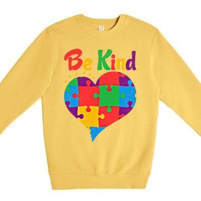 Vintage Puzzle Pieces Autism Heart Be Kind Autism Awareness Great Gift Premium Crewneck Sweatshirt