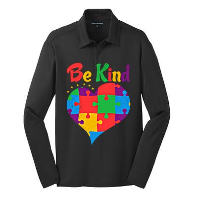 Vintage Puzzle Pieces Autism Heart Be Kind Autism Awareness Great Gift Silk Touch Performance Long Sleeve Polo