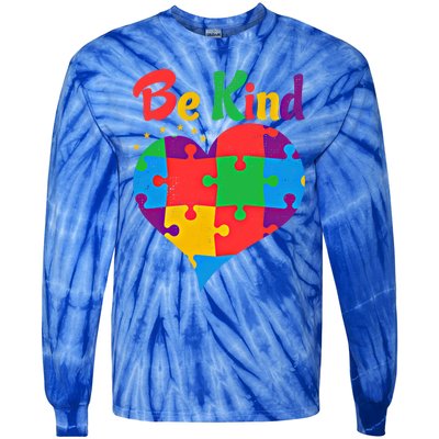 Vintage Puzzle Pieces Autism Heart Be Kind Autism Awareness Great Gift Tie-Dye Long Sleeve Shirt