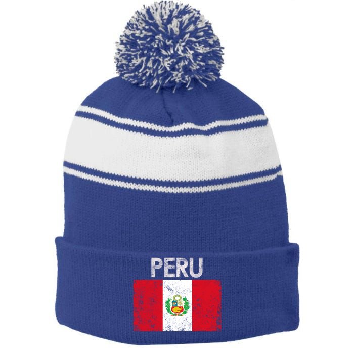 Vintage Peru Peruvian Flag Pride Gift Cool Gift Stripe Pom Pom Beanie