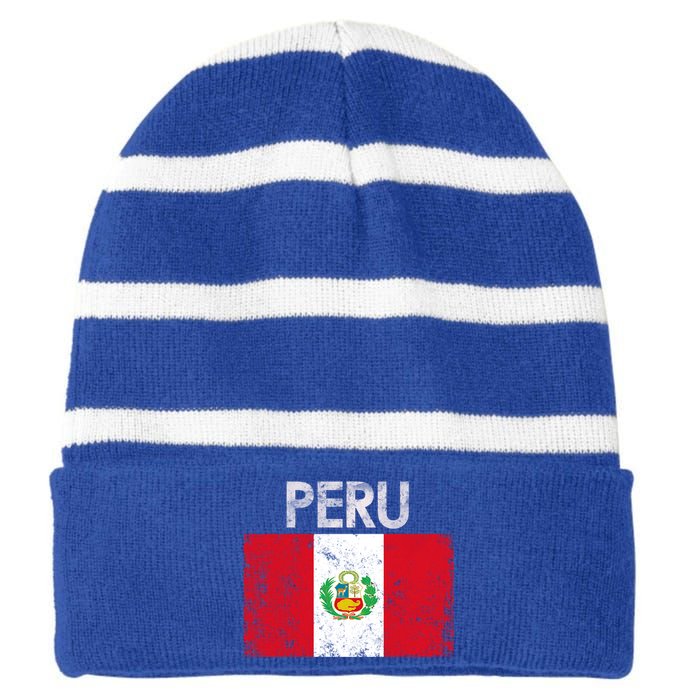 Vintage Peru Peruvian Flag Pride Gift Cool Gift Striped Beanie with Solid Band